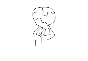  line art illustration depicting a hand holding the Earth