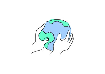 line art illustration depicting a hand holding the Earth