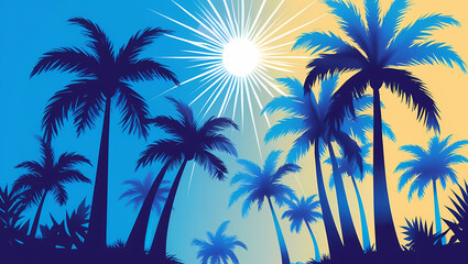 Palm Trees in Silhouette ,against a Striking Sunburst Background