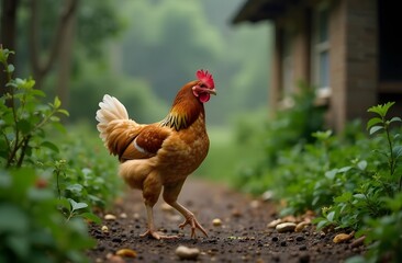 A photo of a village chicken in a summer garden. The concept of agriculture, farms