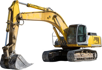 A large yellow tracked excavator is mining rock in a quarry.