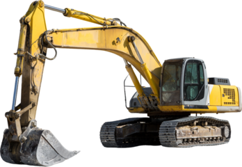 A large yellow tracked excavator is mining rock in a quarry.