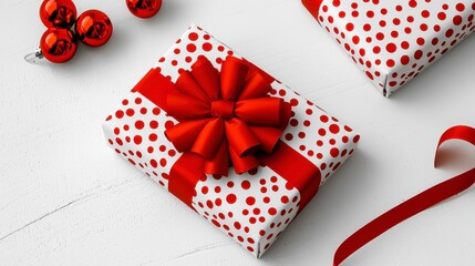 Obraz premium A white table displaying red and white gift boxes isolated on a white background creating a festive atmosphere for celebrations