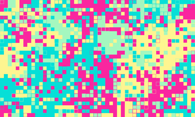 Vibrant pixel art background.  A playful, abstract mosaic of pastel pink, turquoise, and yellow squares. Ideal for websites, social media, or print projects needing a modern, energetic design.
