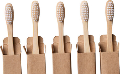 Set of ECO friendly wooden bamboo toothbrushes. Save the planet or NO plastic concept. Isolated on white background.