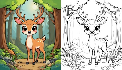 Cute deer coloring page for kids printable cartoon forest animal vector illustration easy drawing activity