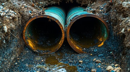 Dual Rusted Pipes Emerging from Earth with Dirty Water Flow