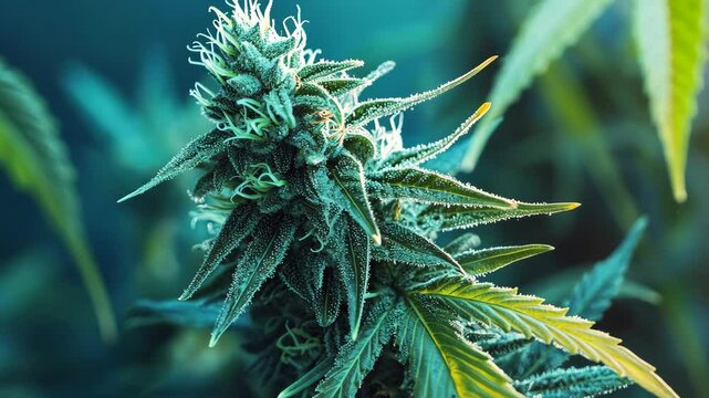 Close-up view of a cannabis plant in a controlled indoor environment during growth phase