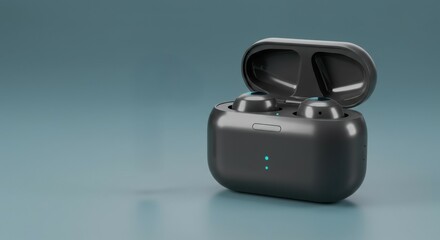 earphones inside charger case in the side, against clean background