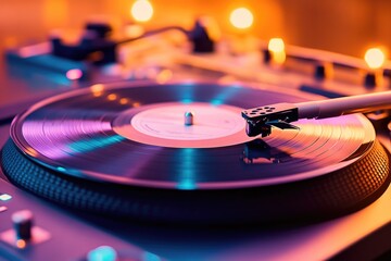 Vinyl record spinning on a turntable, illuminated by warm and cool neon lights, creating a vibrant atmosphere.