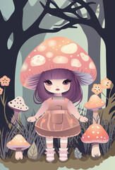 Cute girl with hat in the abstract print dress
