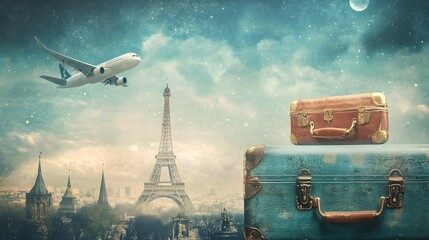 Vintage travel to Paris with the Eiffel Tower in the background