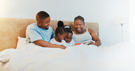 Fototapeta premium Black family, kids and reading book in bedroom for storytelling, language development and bonding. Parents, children and fantasy story for education, literacy learning and listening to novel at house