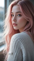 Fototapeta premium A close-up portrait of a woman with long, flowing pink hair, softly illuminated by natural light.