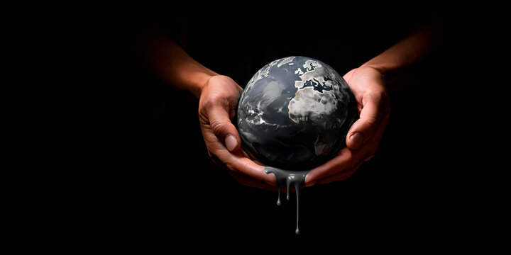 Duas m&atilde;os segurando o planeta terra enquanto ele escorre para o fim. Nosso planeta em colapso, acinzentado e devastado pela a&ccedil;&atilde;o humana
