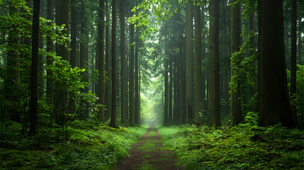 Obraz premium Peaceful Forest Path With Lush Green Trees