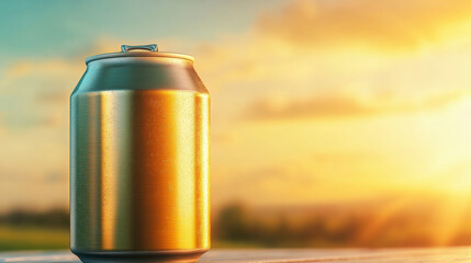 Obraz premium A golden beverage can sits on a surface against a backdrop of a warm, glowing sunset in a serene outdoor setting.