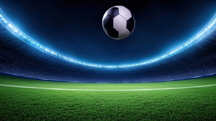 Soccer ball in air over stadium with bright lights