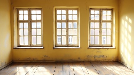 Sunlit Abandoned Room with Wooden Floor and Gridded Windows in Yellow Tone