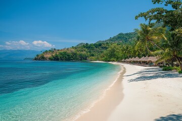 Fototapeta premium Beautiful white sand beach and tropical sea. Summer vacation background. Copy space