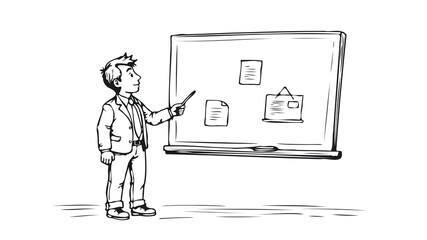 Man presents business plan. Whiteboard documents data analysis. Presentation training coaching. Simple line art white background vector illustration