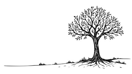 Alone tree silhouette design. Roots branches reach sky. Nature icon logo symbol. Minimalist sketch white background vector illustration