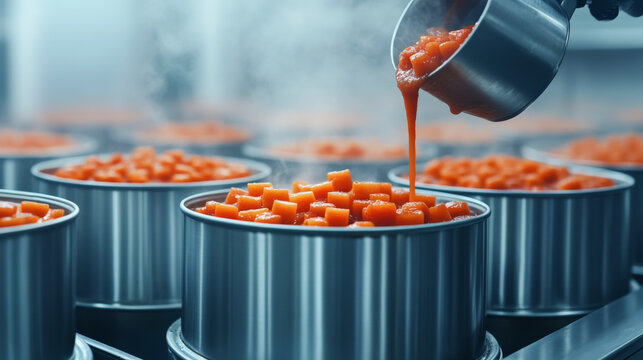 Canning factory scene: diced carrots being filled into metal cans for preservation and distribution, showcasing industrial food processing.
