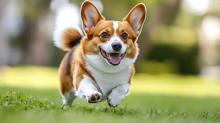 Pembroke Welsh Corgi bounds through grassy meadow with joyful energy