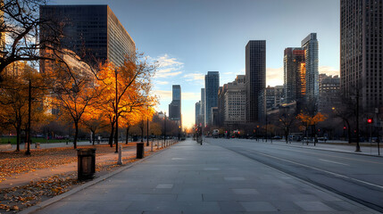 Urban City Avenue with Golden Autumn Trees and Modern Skyscrapers under Blue Sky at Sunset