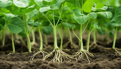 Vibrant Green Soybean Seedlings Growing Strong Roots in Soil