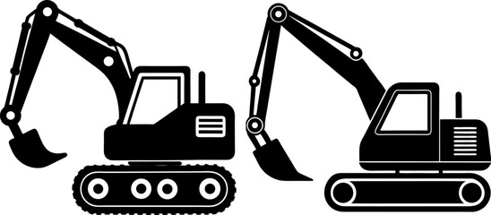 Excavator line art vectors collection black and white, Vector of black excavator set design