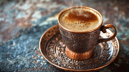 Exquisite Copper Cup Filled with Freshly Brewed Coffee on Plate