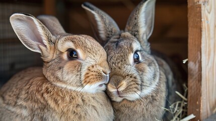 Fototapeta premium Bonded pair of rabbits grooming each other meticulously nestled together in their hutch reinforcing their deep social bond through mutual care