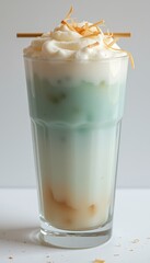 Tropical layered beverage topped with whipped cream and coconut  