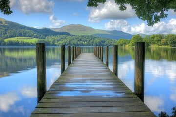 Obraz premium 美しい湖畔の桟橋と山々が映る静かな自然の風景