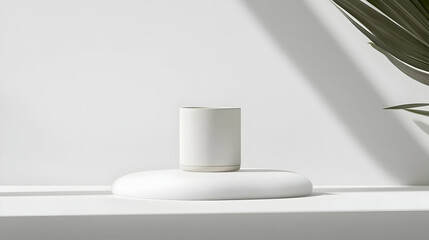 Minimalist White Ceramic Cylinder And Round Platform On A White Shelf With Shadow And Plant Background