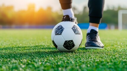 Obraz premium Close-Up of Soccer Ball on Field with Player Preparing to Kick