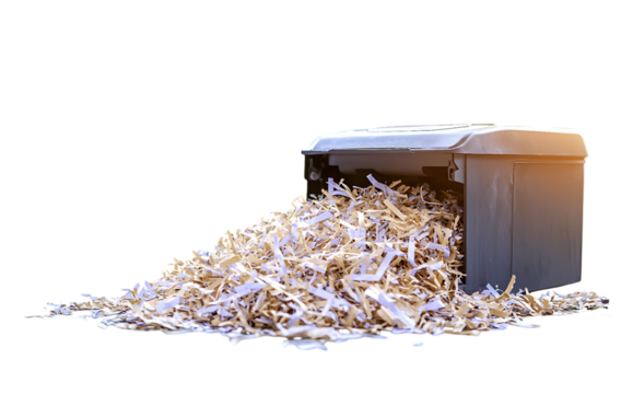 A large pile of shredded documents spills from a paper shredder, symbolizing data destruction, privacy protection, or the end of a project.