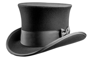 A black top hat with a wide brim and a grey ribbon around the base, featuring a bow on the side. The hat is  isolated over transparent background, PNG cut-out