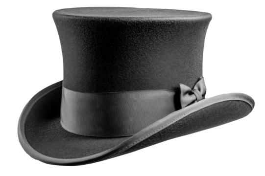 A black top hat with a wide brim and a grey ribbon around the base, featuring a bow on the side. The hat is  isolated over transparent background, PNG cut-out