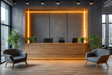 Modern Office Reception Area Design Wooden Desk Warm Lighting Minimalist Interior Contemporary      