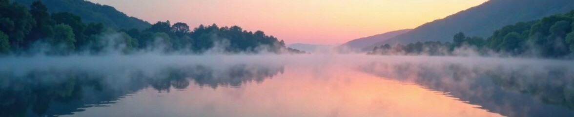 Ethereal mist rises from a serene lake at dawn, serene, dawn, nature