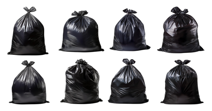 Collection of eight black trash bags isolated on white background, Bundle Set Collection, Isolated on Transparent Background