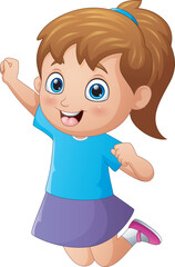 Cartoon happy little girl jumping and smiling