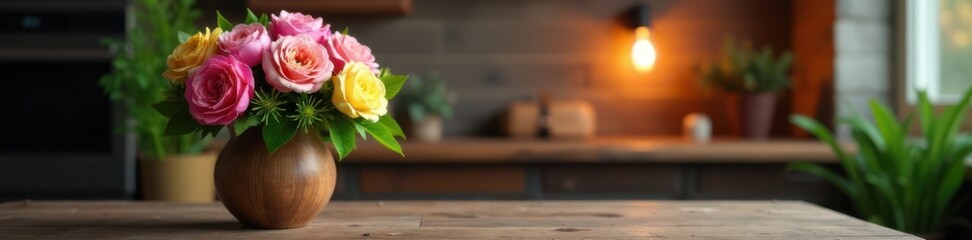 Fresh spring flowers arranged in a wooden vase on a rustic wooden table with a single lamp bulb in the background, wooden table, spring floral bouquet