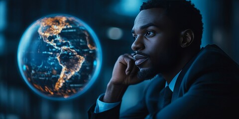 Fototapeta premium Global Businessman Contemplating Digital World Map Future Technology Dark Blue Hope Night Growth 
