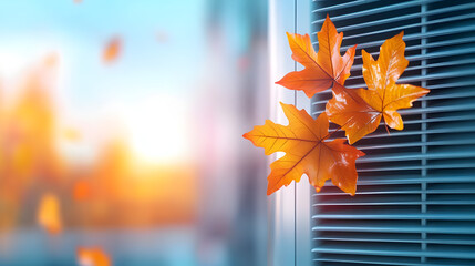 Home HVAC maintenance. Fall cleaning, repair, service. Autumn leaves covering air conditioning units