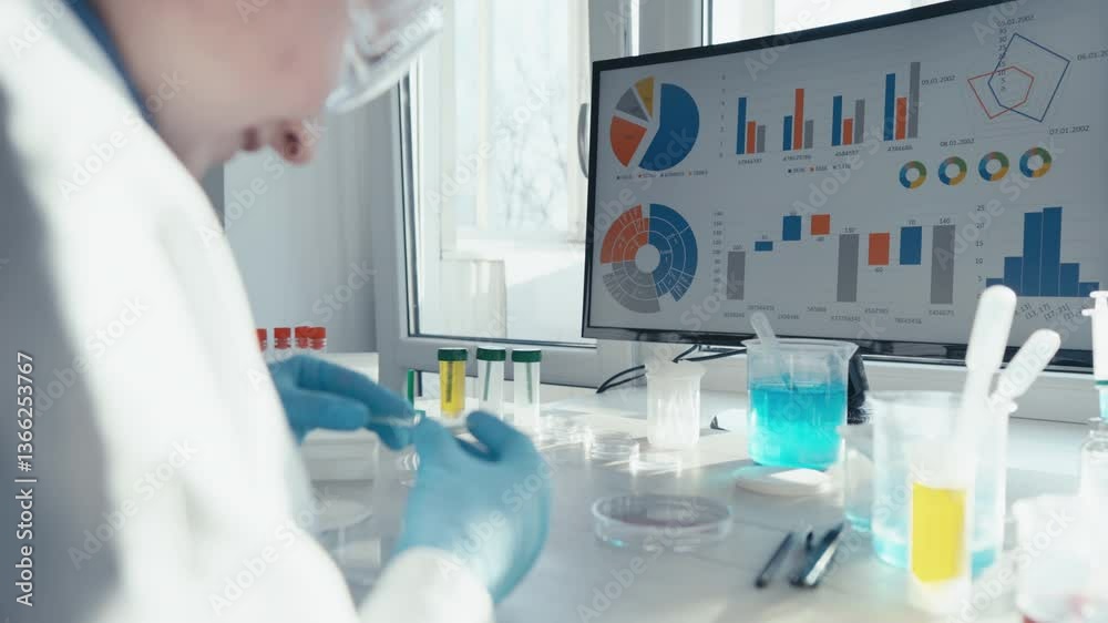 Aufkleber A dedicated scientist in a lab coat and gloves examines petri dishes while analyzing data on a computer screen, showcasing the process of scientific research in vaccine development.