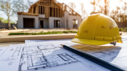 A yellow construction helmet rests on detailed blueprints with a partially built house in the background under sunny skies, indicating ongoing construction activity