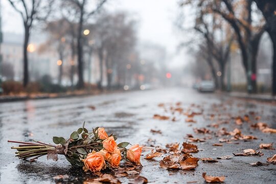Romantic peach roses bouquet lying lost on wet city street during sad dramatic breakup evoking themes of lost love, emotional moments, or storytelling in romantic and dramatic designs